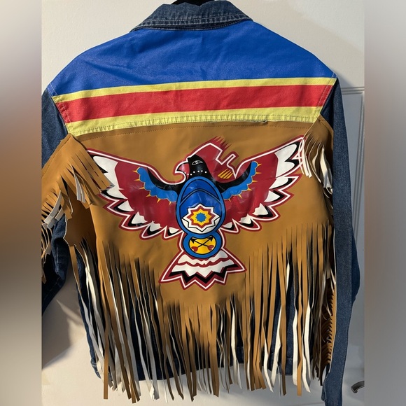 Thunderbird Print Jean Jacket Vegan Leather Fringe Colorful Eagle Western Boho - Picture 13 of 15